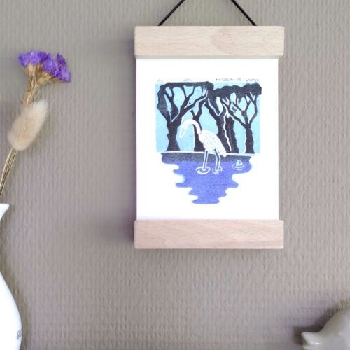Handgemaakte blockprint 'Zilverreiger' gelimiteerde oplage