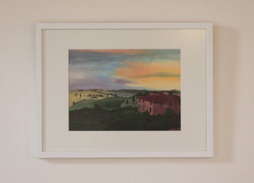 Hoge kwaliteit artprint van gouacheschilderij 'Toscane', met wit eiken lijst