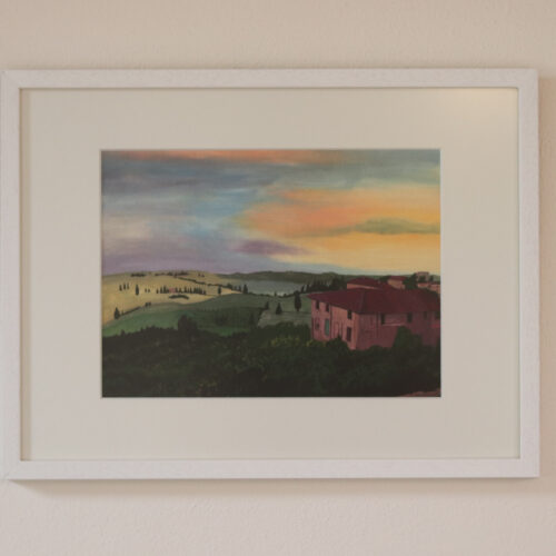 Hoge kwaliteit artprint van gouacheschilderij 'Toscane', met wit eiken lijst