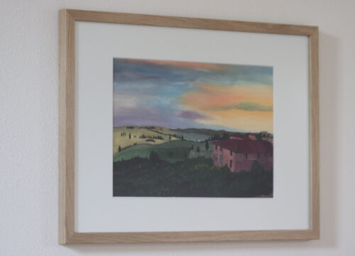 Hoge kwaliteit artprint van gouacheschilderij 'Toscane', met eiken lijst