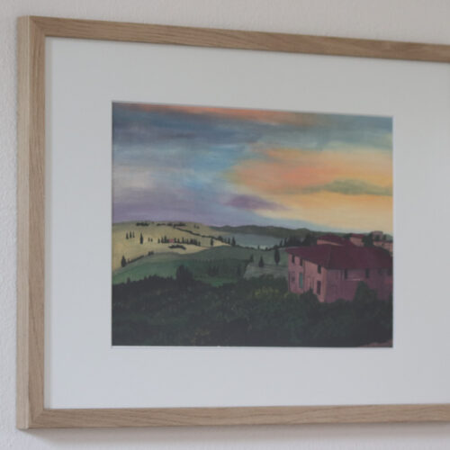 Hoge kwaliteit artprint van gouacheschilderij 'Toscane', met eiken lijst